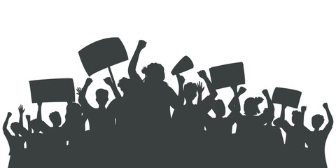 Silhouette of protesting crowd of people with raised hands and banners. Sports fan club. Peaceful protest for human rights. Demonstration, rally, strike, revolution, riot. Isolated vector illustration - obrazy, fototapety, plakaty
