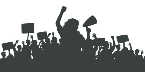 Silhouette of protesting crowd of people with raised hands and banners. Woman with loudspeaker. Peaceful protest for human rights. Demonstration, rally, strike, revolution.Isolated vector illustration - obrazy, fototapety, plakaty