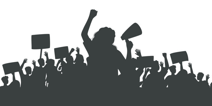 Silhouette of protesting crowd of people with raised hands and banners. Woman with loudspeaker. Peaceful protest for human rights. Demonstration, rally, strike, revolution.Isolated vector illustration