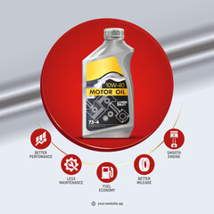 Car engine oil in a plastic bottle, container. Advertising poster for instagram. Liquid specifications. Web design. Brochure. Canister of lubricating motor oil. Synthetic or mineral oil change service