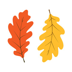 Clipart illustration of oak leaves. Hand drawn vector in warm colours. Design for Autumn, Harvest Holiday, Thanksgiving, Halloween, seasonal, textile, scrapbooking, greeting cards, stickers.