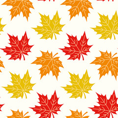 Fototapeta premium Seamless pattern with maple leaves. Hand drawn vector illustration in warm colours. Background for Autumn harvest holiday, Thanksgiving, Halloween, seasonal, textile, scrapbooking.