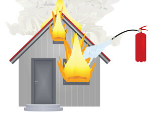 Fire extinguisher and home fire. vector illustration