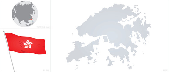 Hong Kong map and flag. vector - obrazy, fototapety, plakaty