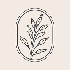 Round botanical logo frame with decorative branch in boho style. Simple contour vector illustration for packaging, corporate identity, labels, postcards, invitations.
