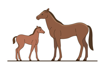 Horse and young colt. lllustration of mom and her baby. Vector illustration with farm animals in cartoon style.
