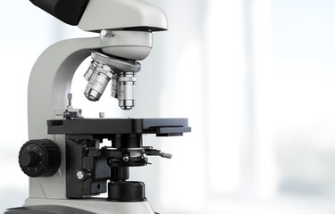 Modern new steel microscope at laboratory.