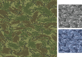 Set of camouflage seamless patterns. Pixelated shapes. Woodland, urban and navy color scheme.