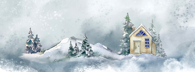 Winter christmas illustration card cottage house illustration