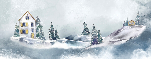Winter christmas illustration card cottage house illustration