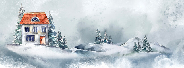 Naklejka premium Winter christmas illustration card cottage house illustration