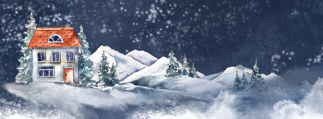 Fototapeta premium Winter christmas illustration card cottage house illustration