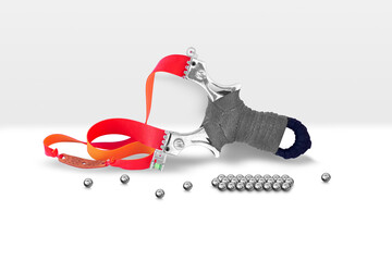 sports slingshot and metal balls, shells to the slingshot, on a white background, protection from dogs and wild animals