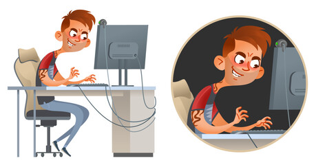 A cartoon computer troll (or maybe a hacker) enjoying his work with a sinister smile. Vector illustration. Оn a dark background and isolated on white.  - obrazy, fototapety, plakaty