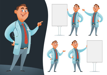 Set of cartoon doctor presenting informational or advertising banner. Characters in various poses pointing at a blank banner, poster or board. Vector illustration. Isolated on white.