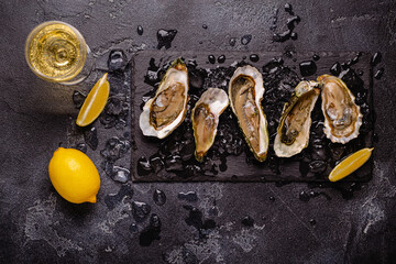 Opened fresh oysters on a plate, served with lemon and ice.