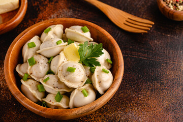 Homemade meat dumplings - russian pelmeni.