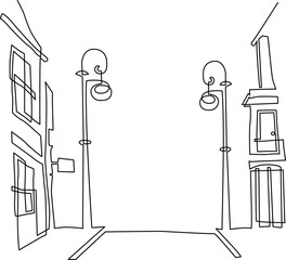 Urban landscape. Ancient building. Landscape of streets with low houses and old street lamps. Continuous line drawing. Vector illustration.