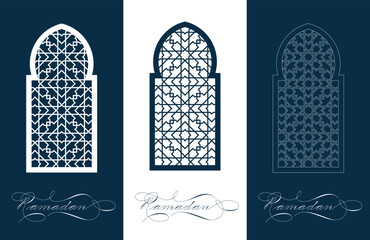 Ramadan Greetings card with modern calligraphy Ramadan on white and blue background. Vector illustration.