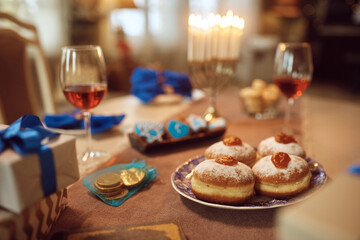 Festive table setting during Jewish Festival of lights, Hanukkah.