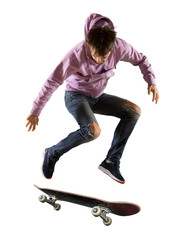 Skateboarder doing a jumping trick isolated - obrazy, fototapety, plakaty