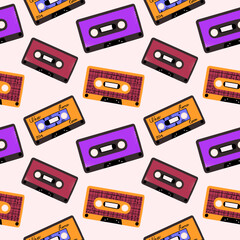Retro pattern with audio cassettes 80s, 90s. Disco background. Vector illustration in pora style