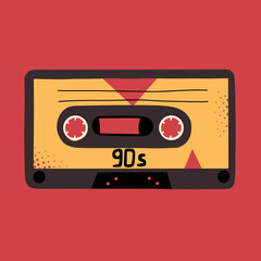 Audio cassette, retro design. Element in the style of 90s, 1980s. Vector illustration in flat style