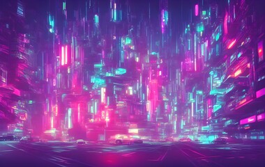 Science fiction neon city night panorama. illustration of dark futuristic sci-fi city lit with blight neon lights