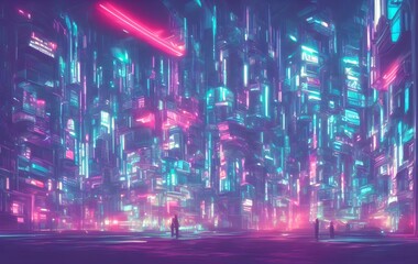Science fiction neon city night panorama. illustration of dark futuristic sci-fi city lit with blight neon lights