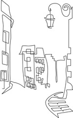 Urban landscape. Ancient building. Landscape of streets with low houses and old street lamps. Continuous line drawing. Vector illustration.