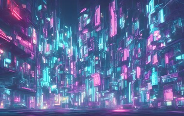 Spectacular nighttime in cyberpunk city of the futuristic fantasy world features skyscrapers, flying cars, and neon lights. Digital art 3D illustration. Acrylic painting.