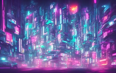 Fototapeta premium Spectacular nighttime in cyberpunk city of the futuristic fantasy world features skyscrapers, flying cars, and neon lights. Digital art 3D illustration. Acrylic painting.