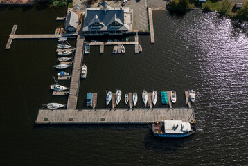 Aerial view of the port and harbor of Newport in Vermont from above the lake
