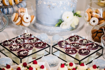 Delicious wedding reception. Candy bar for banquet. Celebration concept. Trendy desserts.Table with sweets, candies.