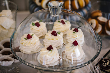Delicious wedding reception. Candy bar for banquet. Celebration concept. Trendy desserts.Table with sweets, candies.
