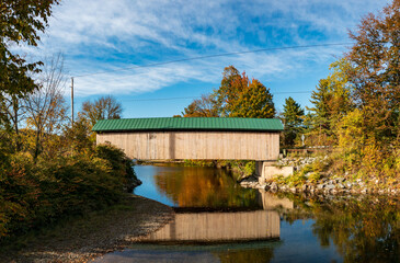Aerial view of the Longley covered bridge near Montgomery in Vermont during the fall
