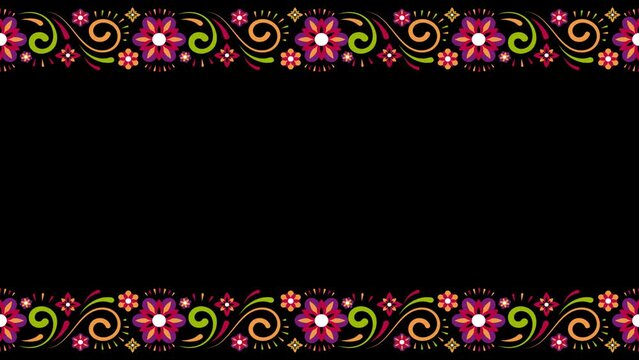 Mexican, Floral ornament, decorative frame. Traditional folk pattern frame with flowers. Looped aimation with alpha channel