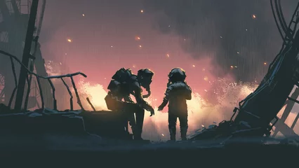  silhouette of a man and a child wearing protective suit sitting against the background of post apocalypse, digital art style, illustration painting © grandfailure