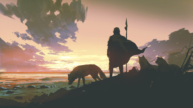 silhouette of a warrior with a pack of wolves looking at sunset sky, digital art style, illustration painting