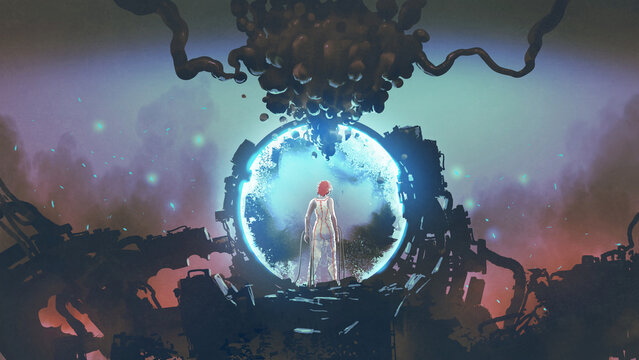 Fototapeta futuristic woman standing in the circle of light, digital art style, illustration painting