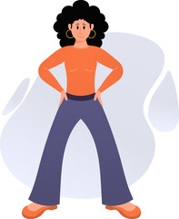 Cheerful young woman keeps her hands on her waist. The woman stands with a confident pose. Modern lifestyle illustration design concept in vector cartoon style.