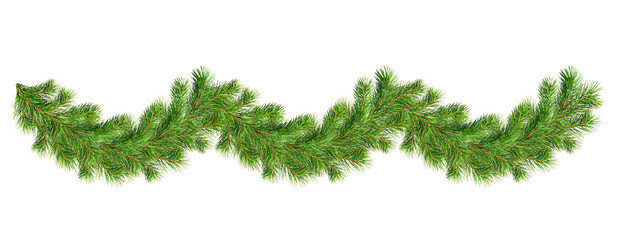 Green pine twigs in a Christmas garland isolated on transparent background - obrazy, fototapety, plakaty