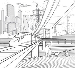 Black outlines infrastructure town illustration. Train rides on bridge. Automotive overpass. Modern city at white background, tower and skyscrapers, business building. Vector design art - 539556565