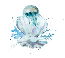 Fototapeta premium Watercolor hand painted seashells and seaweed with jellyfish illustration. Under the sea design. Beautiful ocean themed background.