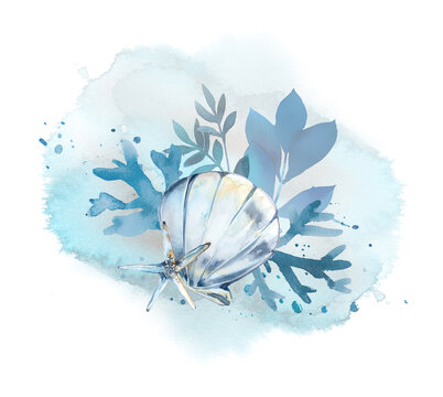 recommend clip art: Watercolor hand painted seashells and seaweed illustration. Under the sea design. Beautiful ocen themed background.
