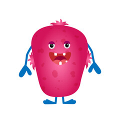 Funny hairy monster with a big smile. Vector illustration isolated on white.