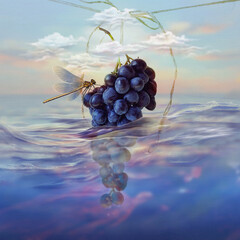 A surreal painting of a bunch of dark grapes being lowered on a rope into the waves of the sea.
