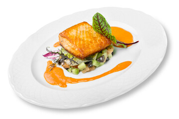 Grilled Salmon Steak  with Spinach, Tartare Cream and Lemon Wedges