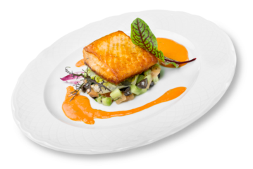 Grilled Salmon Steak  with Spinach, Tartare Cream and Lemon Wedges