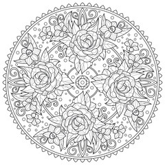 Mandala with roses. Ornament. Abstraction.Coloring book antistress for children and adults. Illustration isolated on white background.Zen-tangle style. 